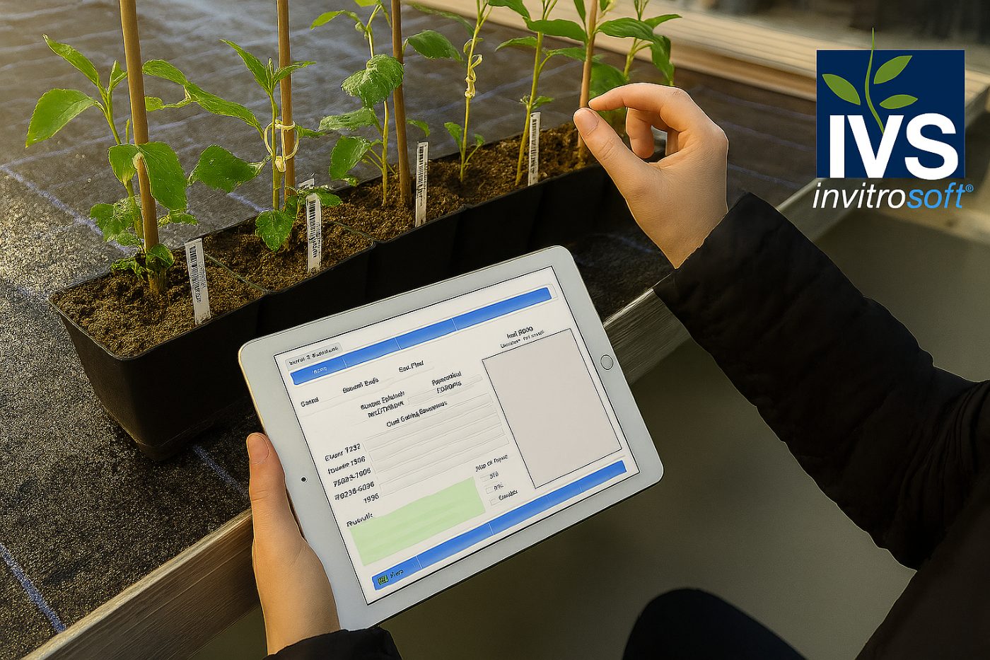 Scanning plant labels with the IVS tablet app in a greenhouse