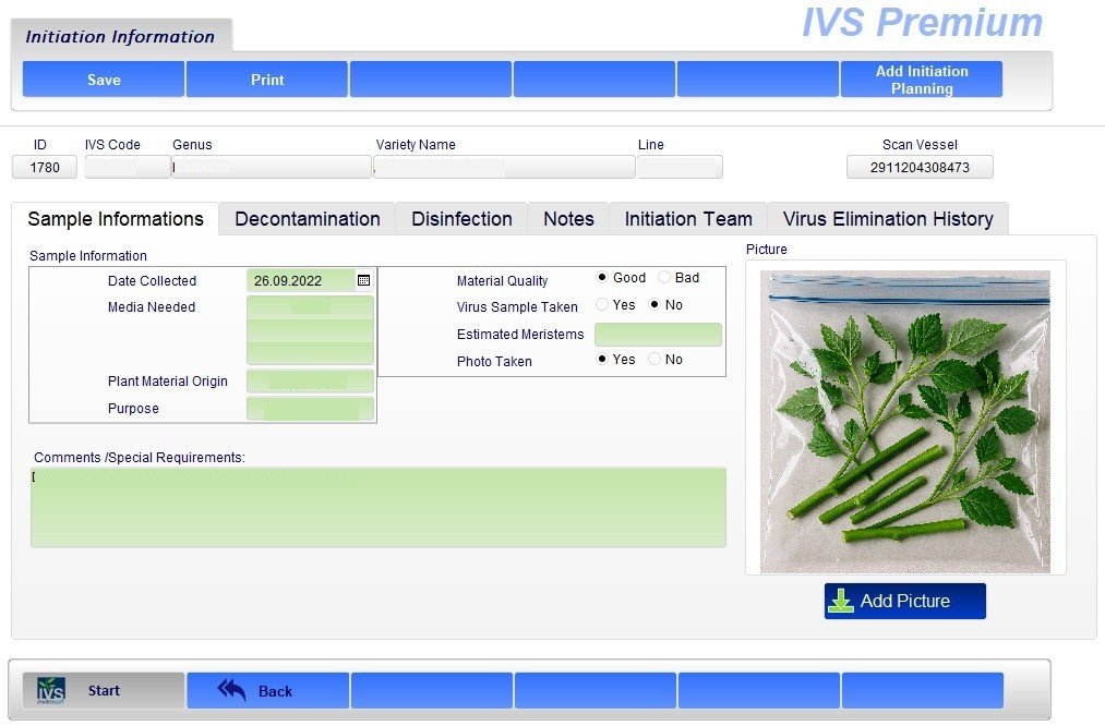 IVS laboratory initiation screen